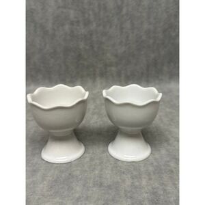 Pier 1 Egg Cup Set of 2 White‎ Scalloped Ceramic Pedestal Pair